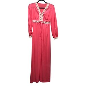 LORRAINE Vintage 70’s SZ. Medium Elegant Pink Maxi Long Robe Floral Trim 15”X53”